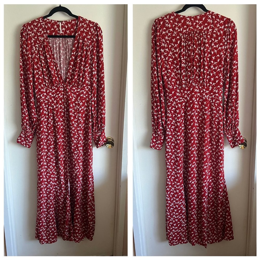 Red Printed V-Neck Long Sleeve Maxi Dress